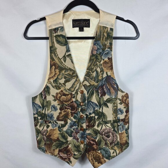 Karen Kane Tapestry Needlepoint Vest Women's Size Small Blue Brown Floral - Picture 1 of 14